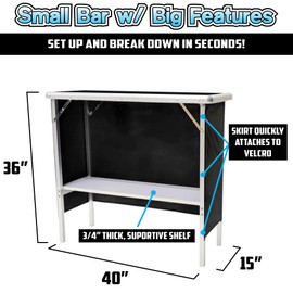 PARTYPONG Folding Portable Bar w/LED Lights, Wireless Remote, 2 Bar Skirts, Storage Shelf, & Carrying Case - Black