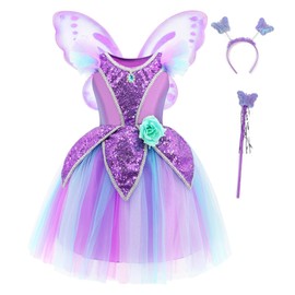 Axaxa Fairy Costume for Girls Fairy Dress Toddlers Princess Fairy Costume Set with Butterfly Wings Headband Wand Purple