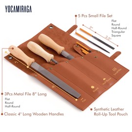 YOCAMIRAGA Metal File Set, 3Pcs of 8” Metal Files for Wood and Steel & 5Pcs Small Needle File Set for Precision Work, Files Tools with Synthetic Leather Roll-Up Pouch.