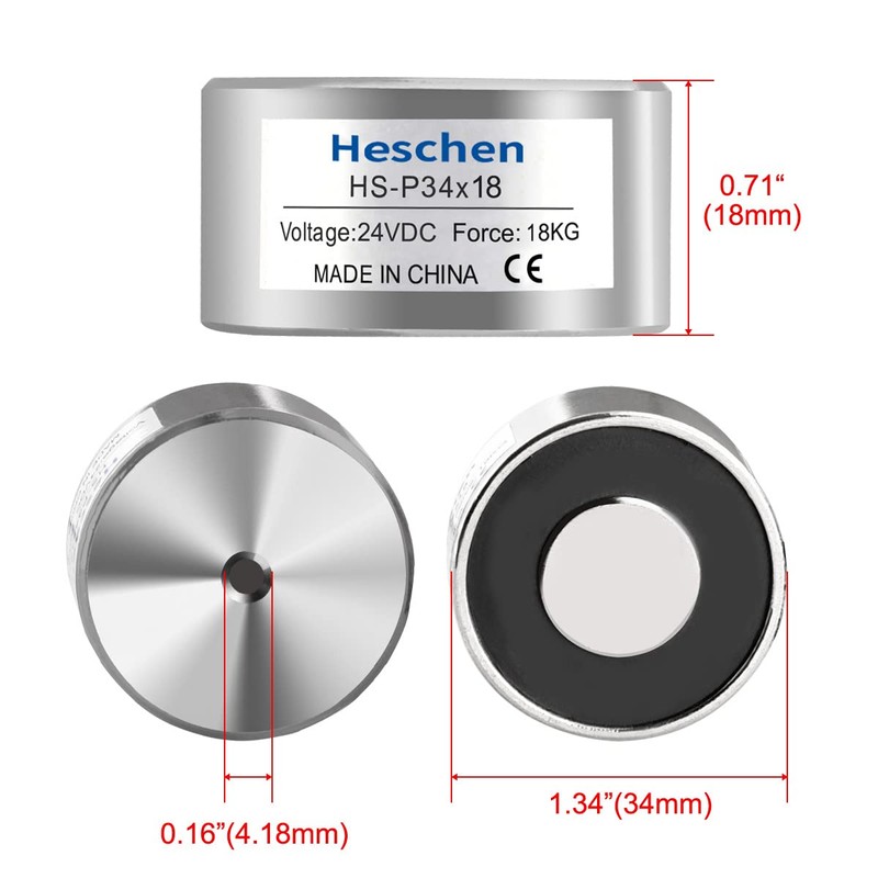 Heschen Electromagnet Magnet Solenoid, HS-P34×18, OD: 34mm, DC 24V, 18Kg/39.7lb