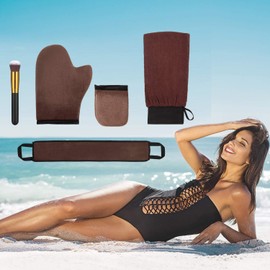 Boao 5 Pieces Self Tanning Mitt Applicator Kit, Includes Tanning Mitt, Exfoliating Glove, Mini Face Glove, Back Lotion Applicator, and Large Brush Makeup(Brown)