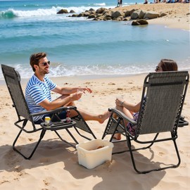 Greesum Zero Gravity Chairs Set of 2 Adjustable Steel Mesh Recliners Beach Deck Lawn Camping Patio Foldable Lounge Chair with Cup Holder Trays and Pillows,Double-Gray