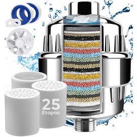 25 Etapas Filtro de Agua para Regadera Baño,3 PCS Cartuchos de Filtro Reemplazable,Sanate Filtro de Ducha Agua Dura con 1 Ventilador de Desvío,Elimina Cloro Impurezas y Olores,Mejora Piel Cabello Uñas