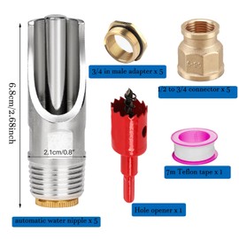 5 Pcs Automatic Pig Waterer Nipples Kit Auto Pig Watering System Stainless Steel Pig Nipple Drinkers Feeder with Brass Water Tank Connector for Hog Pig Goats Swine Piglets Drinking