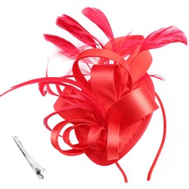 DRESHOW Fascinator Hats for Women Pillbox Hat with Veil Headband and a Forked Clip Tea Party Headpiece, 1 x ribbons fascinator hat: red