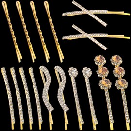 16 PCS Rhinestone Bobby Pins Crystal Metal Hair Pins Decorative Fancy I S X Shaped Diamond Hair Accessories for Women Wedding Party (Gold)