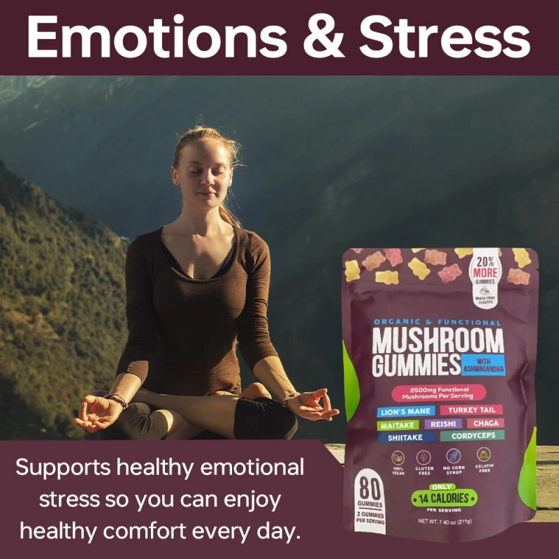 Functional Mushroom Gummies, 2500mg w/Ashwagandha Shiit Blend for Focus Immunity