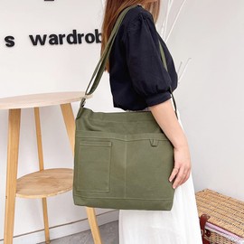 Kehpish Economical Cotton Canvas Tote Bag,Women Hobo Shoulder Bag Crossbody Handbag with 3 External Pocket,Zipper Closure