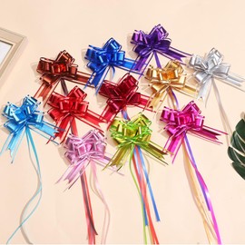 Whakano Pack of 100 Gift Bow Pull Bow Drawstring Poly Ribbon Decorative Bow Gift Bow for Wedding Decoration Christmas Decoration Party Birthday Crafts Decorating Gold