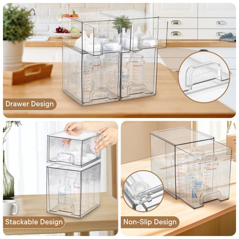 MINMUNJIU Baby Bottle Organizer, 4 Pack Clear Space-Saving Stackable Drawer