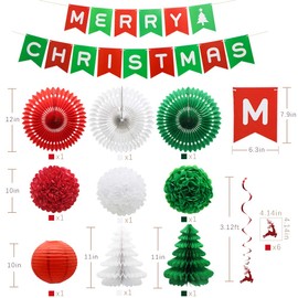Merry Christmas Banner Party Decorations, Hanging Paper Fans, Pom Poms Flowers, Paper Lanterns, Xmas Tree Honeycomb Balls, Xmas Deer Hanging Swirls for Christmas in July New Years Eve Party Decor