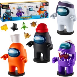 Four Among Us Crewmate Figures with Stampers | 4.5-Inch-Tall Among Us Toys + 10 Hats & Accessories| Among Us Party Favors and Playable Collectibles | Includes The Impostor with Mouth Open | by P.M.I.