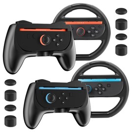 FUNDIARY Black Grip Case Compatible with Switch 2 Joycon, [Anti-Slip Grip + Quick-Release Mount]Controller Accessories Kit with 2 Switch 2 Steering Wheel, 2 Switch 2 Joycon Grip Cover and 8 Thumb Caps