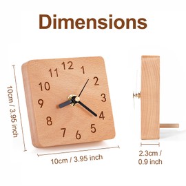 Kattepote Wood Desk Clock, Non Ticking Silent Clock for Shelf, Table, Mantel or Bedside, Home Decorative Small Table Clock for Living Room Bedroom Office, Square Shape, Made of Beech Wood