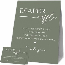Baby Shower Games, 1 Diaper Raffle Standing Sign with 50 Diaper Raffle Tickets, Oliver Green Theme Babyshower Party Decorations and Supplies For Boys or Girls(LBLK-C04)