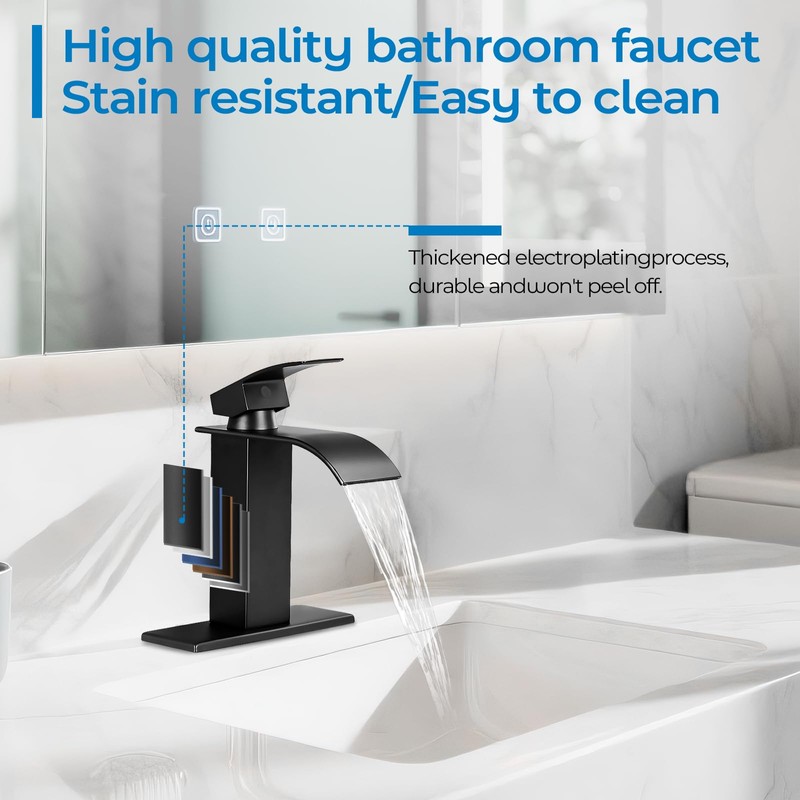 RNDIOZD Matte Black Bathroom Faucets, Waterfall Bathroom Sink Faucet Modern