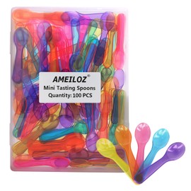 AMEILOZ 3" Colored Mini Taster Spoons Extra Small Plastic Tasting Spoon for Yogurt Pudding Jello Shots Ice Cream, Multi-Color Tiny Sample Spoons (1 Pack of 100 PCS)