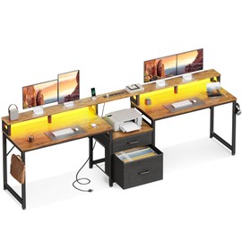 Coleshome 98 Inch 2 Person Gaming Computer Desk with Fabric Drawer & File Cabinet, Two Person Long Writing Home Office Desk with Power Outlet & LED Light & Monitor Stand, Storage Shelves, Vintage