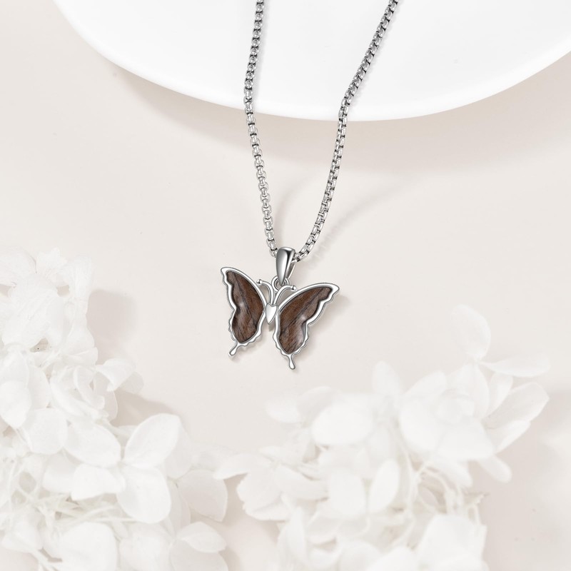 HKPATOP Butterfly Necklace 925 Sterling Silver Butterfly Wooden Pendant Chain