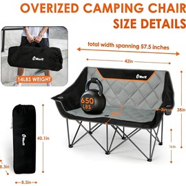 EMERIT Oversized Fully Padded Camping Chair, Heavy Duty 650LB Folding Camping Loveseat, Quad Fold Double Camping Couch with Cup Holders & Carry Bag for Outdoor, Lawn, Sports Events