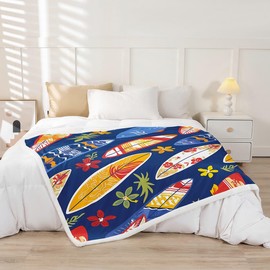 Colorful Surfboard Printed Warm Plush Summer Surfing Sports Theme Fleece for Sofa Couch Blue Palm Leaf Decor Sherpa Blanket Throw Blanket Hawaiian Tropical Holiday Fuzzy Baby 30"x40"