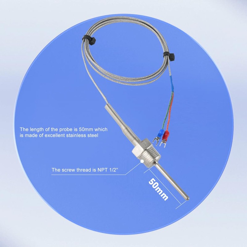 CGELE K-Type Thermocouple Temperature Sensors NPT 1/2"(5×50MM)0~600℃，2M/6.6Ft Wire Probe Length