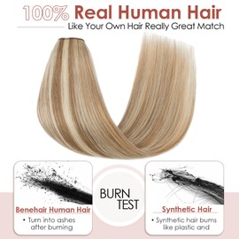 Benehair Clip in Hair Extensions V-Shaped Straight Human Hair Extensions Invisible 5 Clips One Piece Hairpieces for Women Full Head Thick Hair Pieces 20 inch Light Brown Mixed Bleach Blonde #12/#613