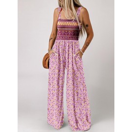 Happy Sailed Overalls for Women Floral Print Sleeveless Jumpsuit One Piece Jumpsuits Wide Leg Long Pant Rompers Boho Casual Summer Outfits Pink Small