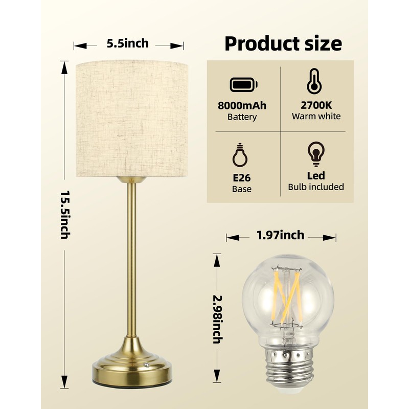 Cordless Table Lamp, 8000mAh Battery Operated Lamp with Stepless Dimming,