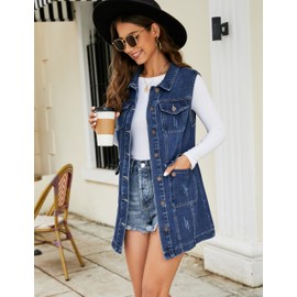 Flygo Womens Casual Button Up Sleeveless Denim Jean Mid Long Vest Gilet Jacket(01 Blue-S)