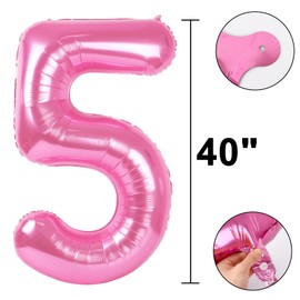 Pink Number 5 Balloon 40 Inch,Jumbo Giant Mylar Pink Number 5,Big Large Foil Helium Number Balloons, Digital 5 Helium Balloons for Girls 15 25 Birthday Graduation Princess Party Decorationsn