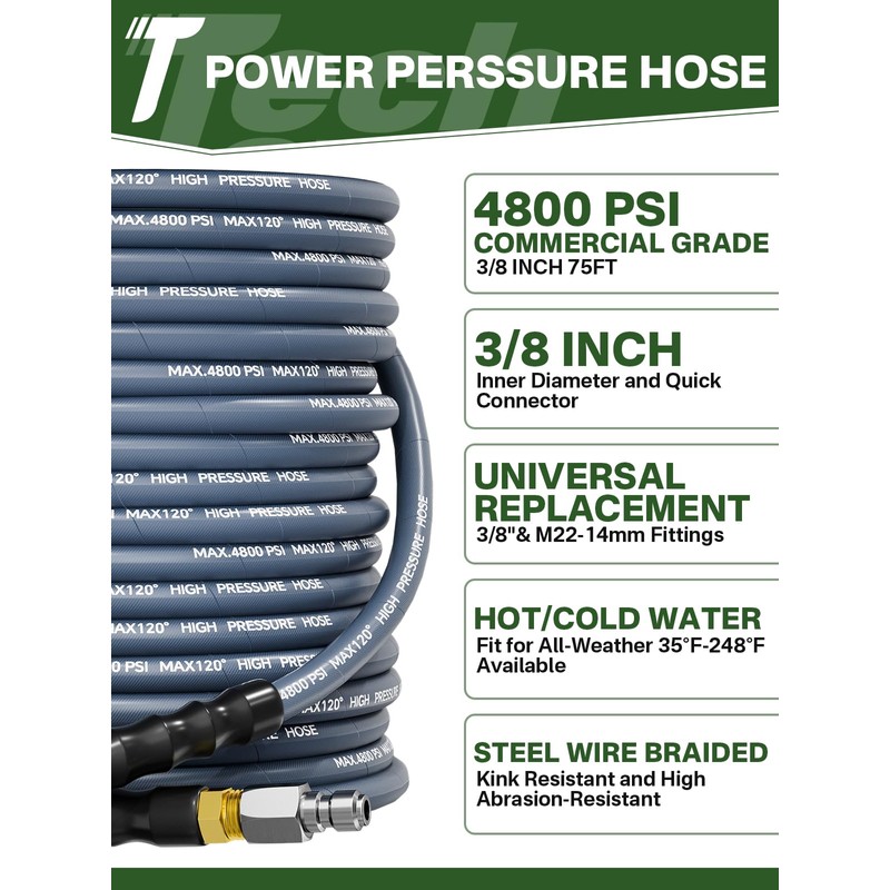 TechSweepPro 3/8" 4800PSI Pressure Washer Hose 75FT with Swivel Quick