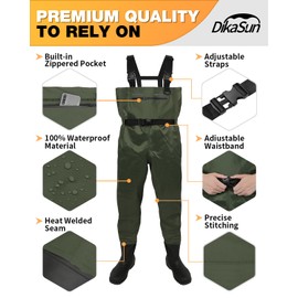 DikaSun Waterproof Fishing Waders for Men Women| 2-Ply Nylon/PVC Chest Wader with Boots for Fly Fishing| Lightweight Bootfoot Waders (Green, M11)