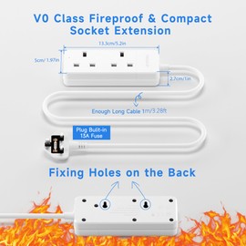 Extension Lead 2 Way 1M White Rewirable Extension Socket Thin Plug for Corner Use