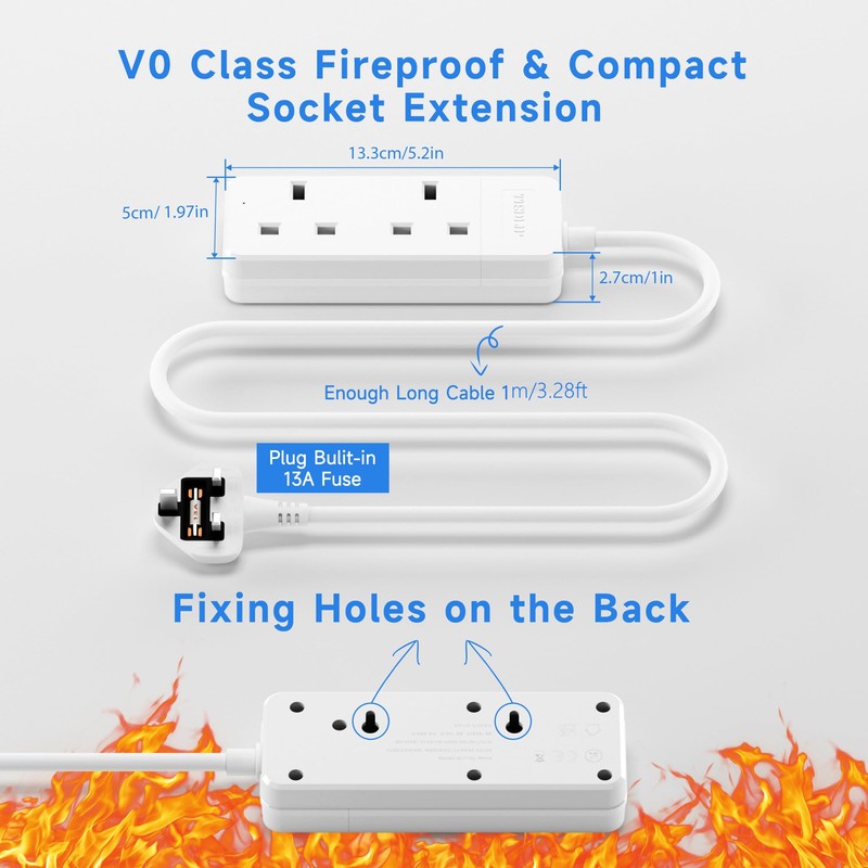Extension Lead 2 Way 1M White Rewirable Extension Socket Thin