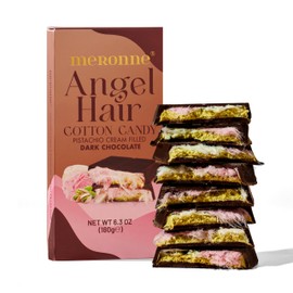 Meronne Angel Hair Dark Chocolate Bar – 6.35 oz (180g) – 55% Dark Chocolate Filled with Pistachio Cream & Angel Hair Cotton Candy – No Artificial Colors or Preservatives