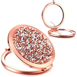Mpowtech Magnifying Rose Gold Compact Mirror - Mix Diamond Mirror 1x/2x Magnification Travel Makeup Mirror,Double Sided Small Pocket Mirror,Folding Purse Mirror,Cosmetic Mirror for Gift