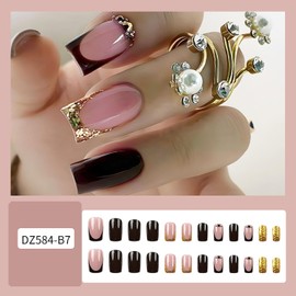 Press on Nails Square Gold French False Nails Glitter Sequins Rhinestones Design Short Nails Full Cover Artificial Nails Acrylic Coffin Nails Reusable Glue on Nails DIY Stick on Nails for Women 24Pcs