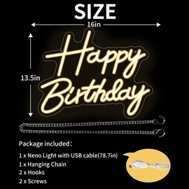 Happy Birthday Neon Sign for Backdrop, LED Happy Birthday Light Up Sign, USB Powered Dimmable Neon Light for Birthday Party Decorations Wall Decor, Warm White