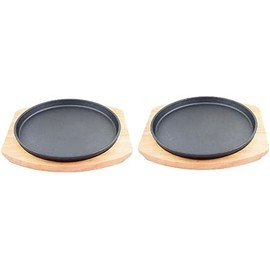 (PACK OF 2) Round Cast Iron Set W/Rubber Wood Underliner For Making Pizza, Sizzling meat (8.5")