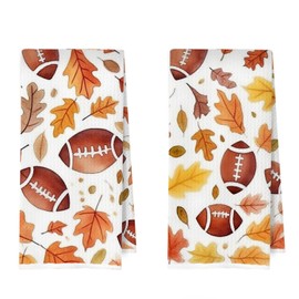 ERYBHKRTYH Fall Football Kitchen Towels Set - Football Gifts Waffle Decorative Dish Towels, Maple Leaf Hand Towel, Autumn Sport Tea Towel, 16 x 24 Inches Set of 2