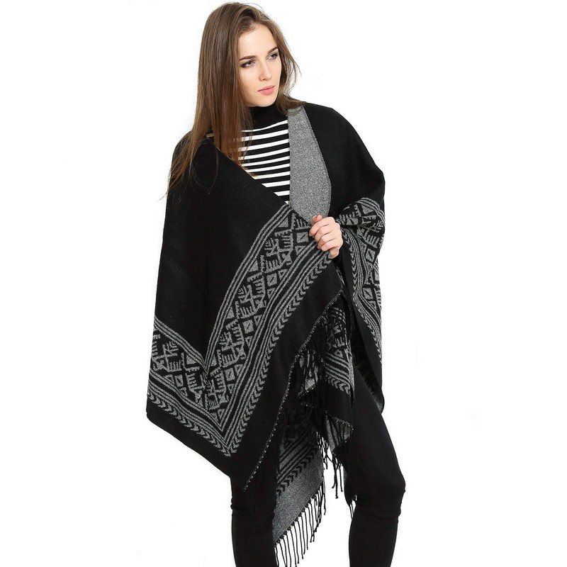 Superora Damen Poncho Cape Umhängetuch Stola Strick-Pullover Karierte Deckenschal Sweatshirt