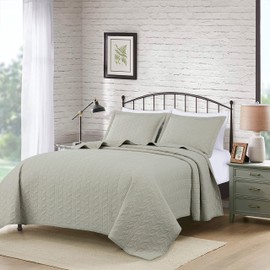 Chezmoi Collection Roswell 3-Piece 100% Cotton Quilt Set Queen Size, Natural - Geometric Striped Quilted Lightweight Vintage Washed Cotton Reversible Bedspread Set for All Season