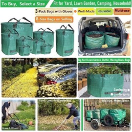 Professional 3-Pack 63 Gallon Lawn Garden Bags Large (D31,H19 inch) Yard Waste Bags W/Gardening Gloves,Standable,Reusable Leaf Bag,Lawn Debris Bin,Garden Trash Container,Plant Trimmings Bag 4 Handles