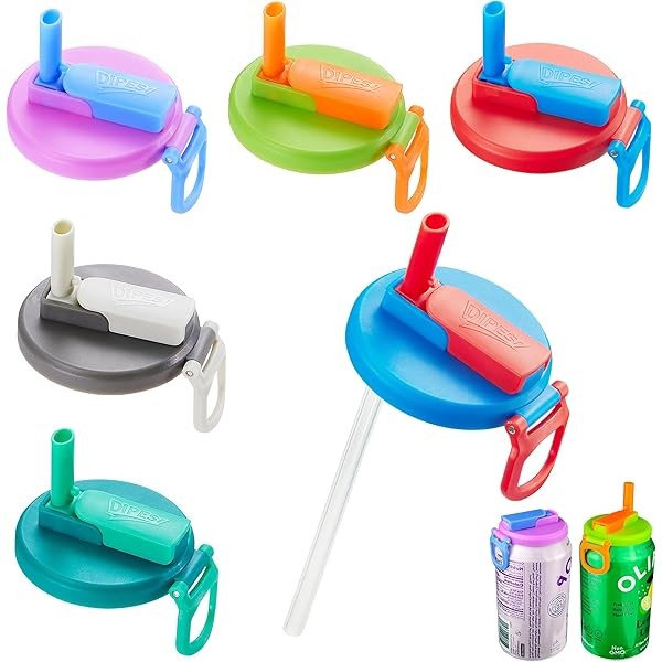 6 pack 6 color Soda Can Lids with Straws, Reusable
