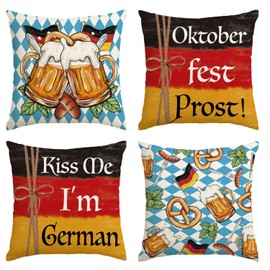 AVOIN colorlife Oktoberfest Prost Bavaria Throw Pillow Covers, 18 x 18 Inch Freistaat Bayern Sausage Beer and Pretzels German Flag Cushion Case for Sofa Couch Set of 4