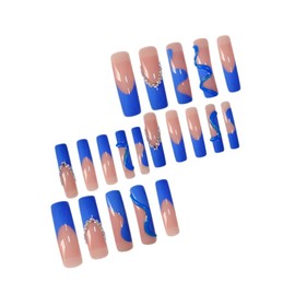 24Pcs Blue French Tip Press on Nails Long Curved Fake Nails with 3D Curve Rhinestone Design Long Square False Nails Curved Nails Press ons Glossy Full Cover Artificial Glue on Nail for Women Nail Art