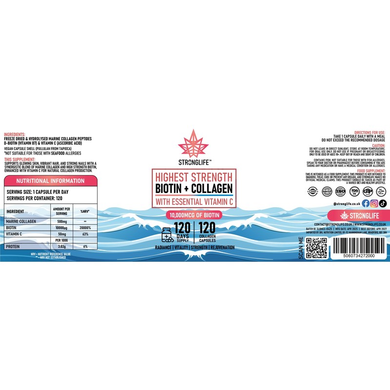Marine Collagen & Biotin Capsules | 500mg Collagen, 10,000µg Biotin,