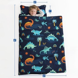 PHF Navy Dinosaur Toddler Nap Mat Set, with Removable Pillow for Toddler Boys, Soft and Lightweight for Daycare, Preschool, Travel, Kindergarten Sleeping Bag, Fits Ages 3-6 Years, Large Navy Dinosaur