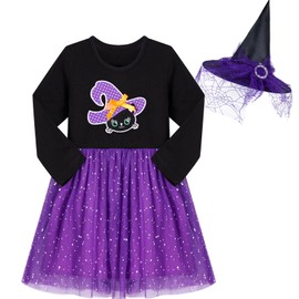 HILEELANG Little Girl Hallowen Dress Novelty Long Sleeve Black Cat Applique Purple Tulle Tutu Outfits with Witch Hat 6 Years